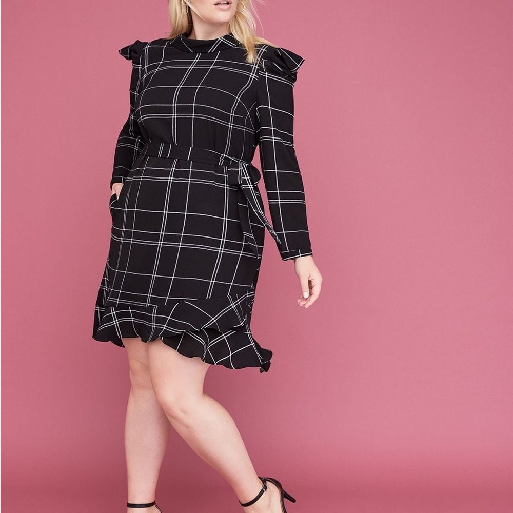 Lane Bryant Plus Size 24 Plaid Mock-Neck Fit & Flare Dress Ruffle Long Sleeve